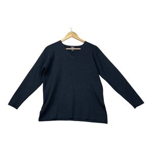 EILEEN FISHER Sweater 100% Wool Ribbed Textured Knit Long Sleeve Gray M V Neck